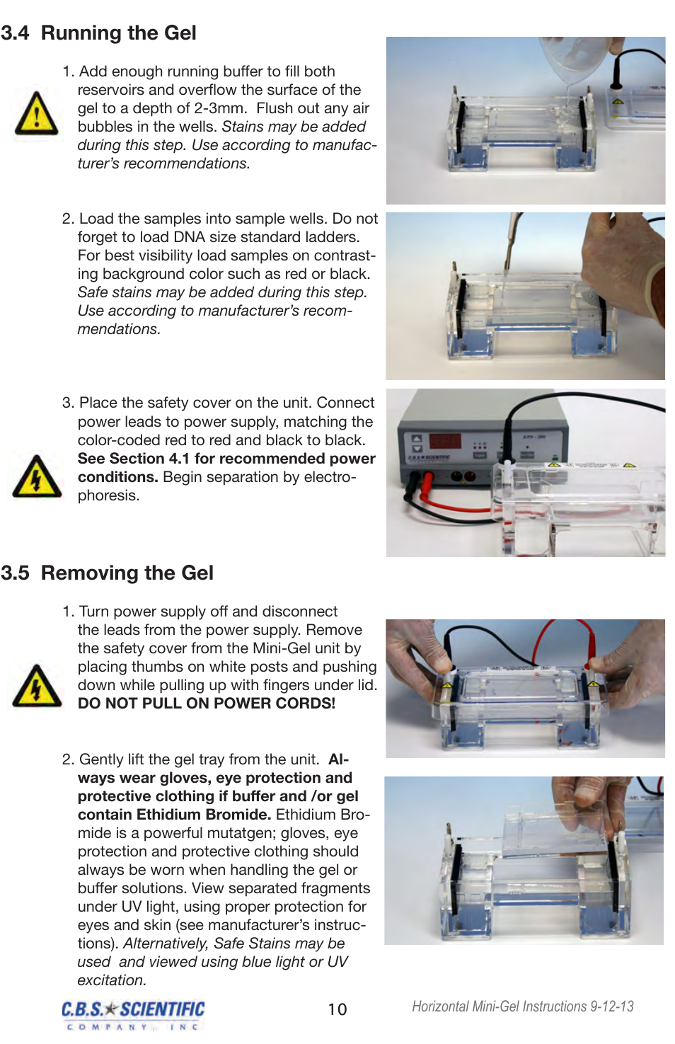 4 running the gel, 5 removing the gel | C.B.S. Scientific GCMGU-202T User Manual | Page 10 / 16