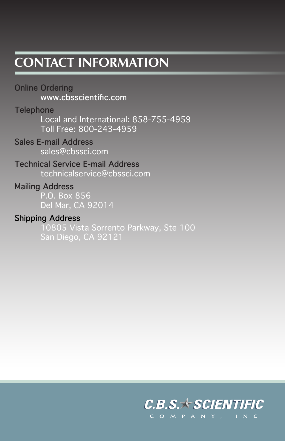 Contact information | C.B.S. Scientific GCMGU-202T User Manual | Page 16 / 16