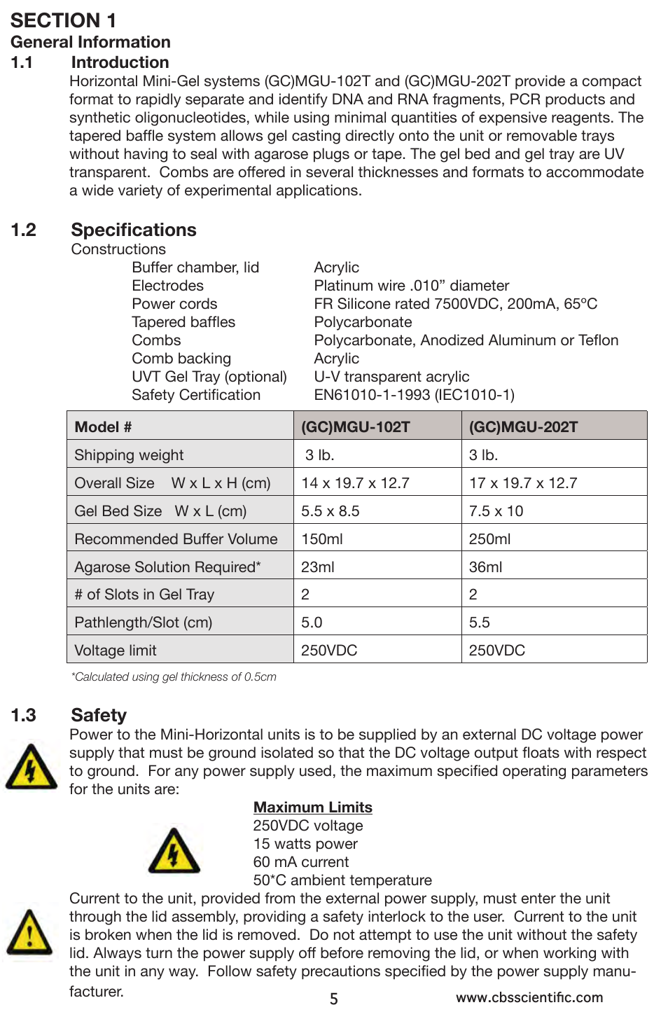 2 specifications, 3 safety | C.B.S. Scientific GCMGU-202T User Manual | Page 5 / 16