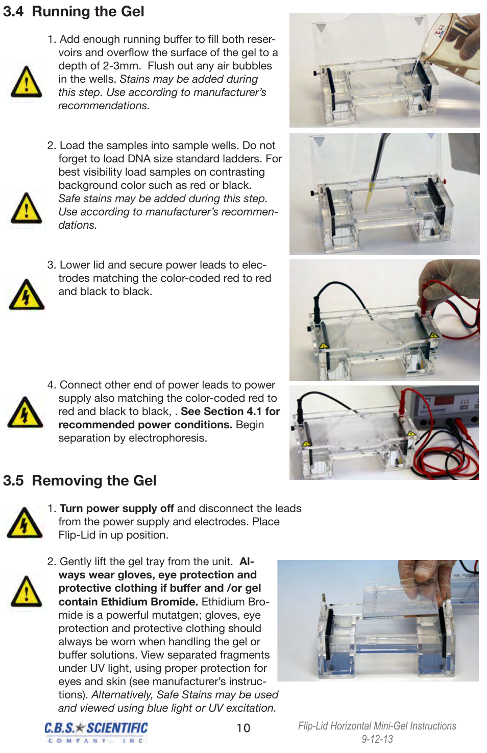 4 running the gel, 5 removing the gel | C.B.S. Scientific MGU-202T-FL User Manual | Page 10 / 16