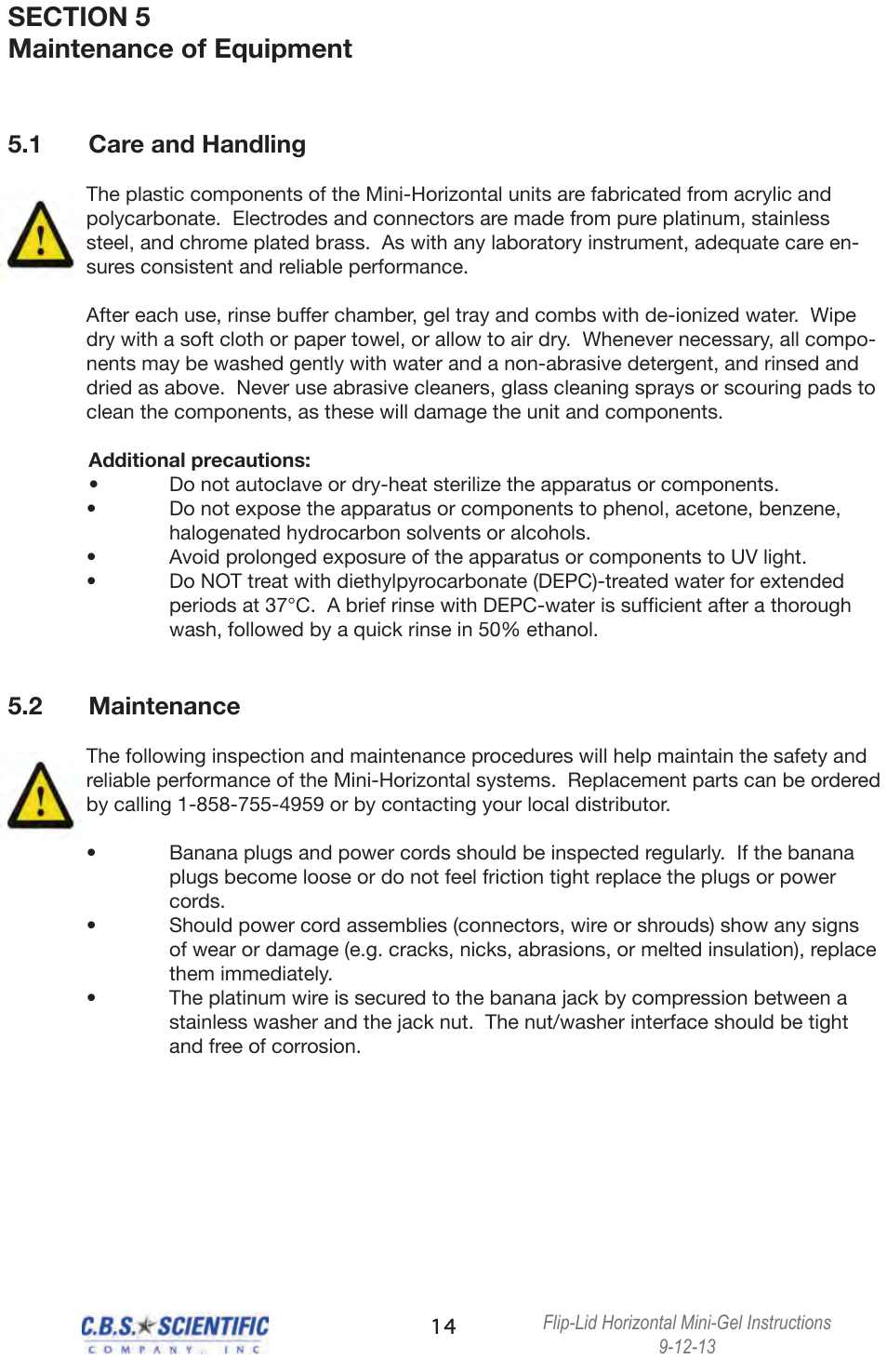 1 care and handling, 2 maintenance | C.B.S. Scientific MGU-202T-FL User Manual | Page 14 / 16