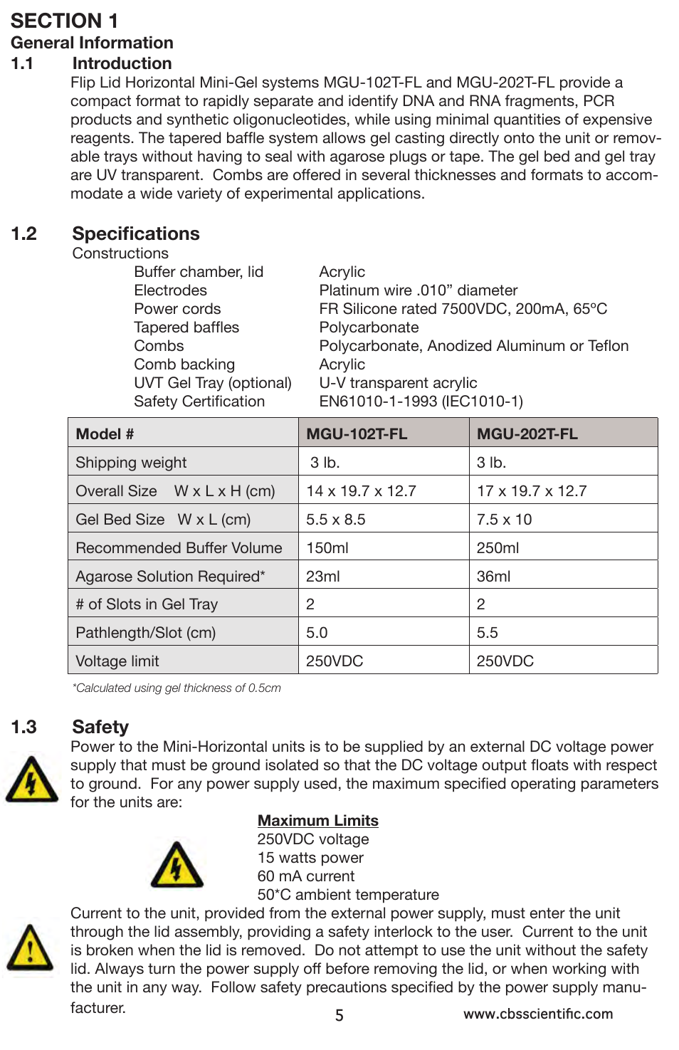 2 specifications, 3 safety | C.B.S. Scientific MGU-202T-FL User Manual | Page 5 / 16