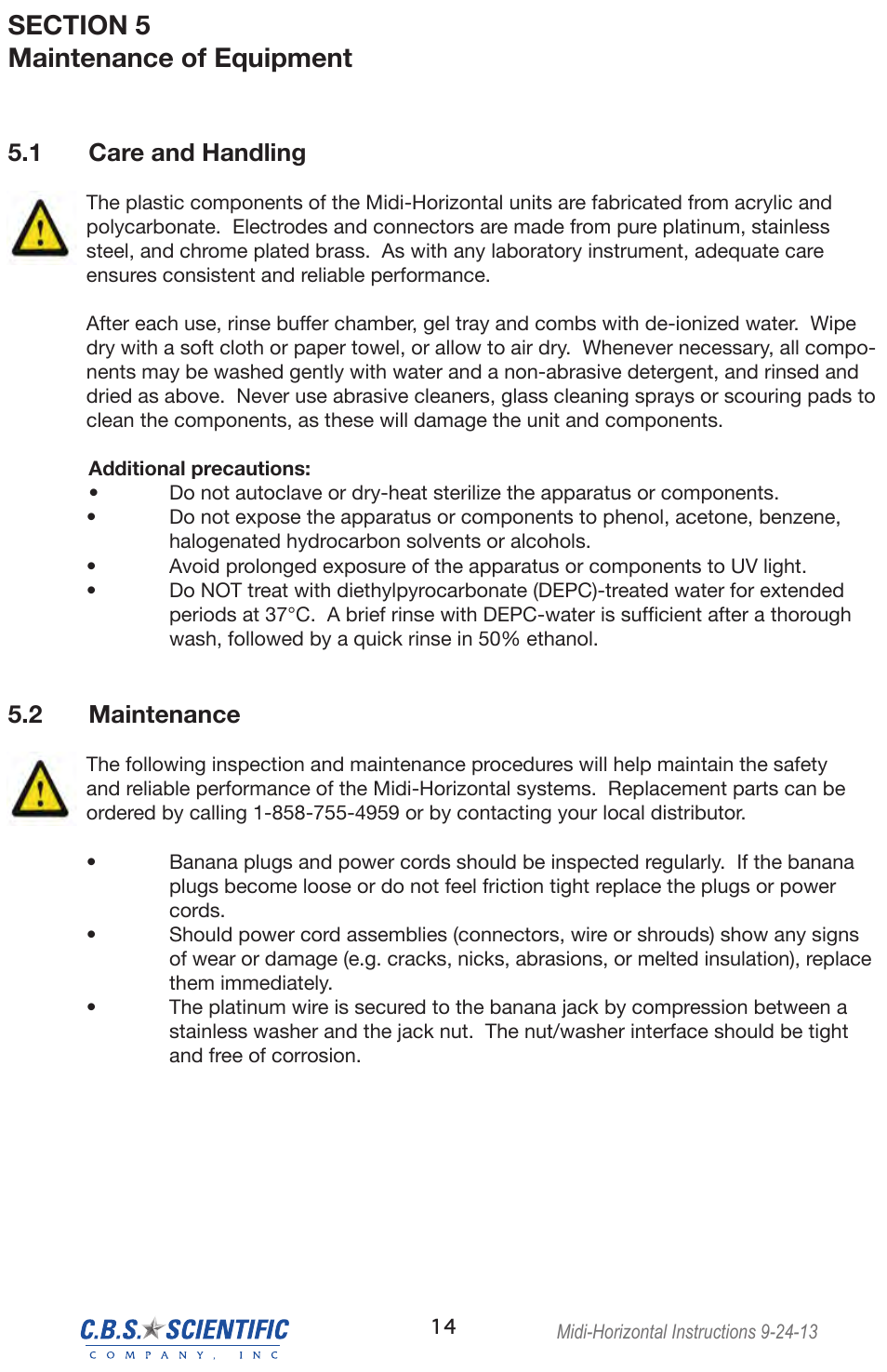 1 care and handling, 2 maintenance | C.B.S. Scientific GCMGU-602T User Manual | Page 14 / 16