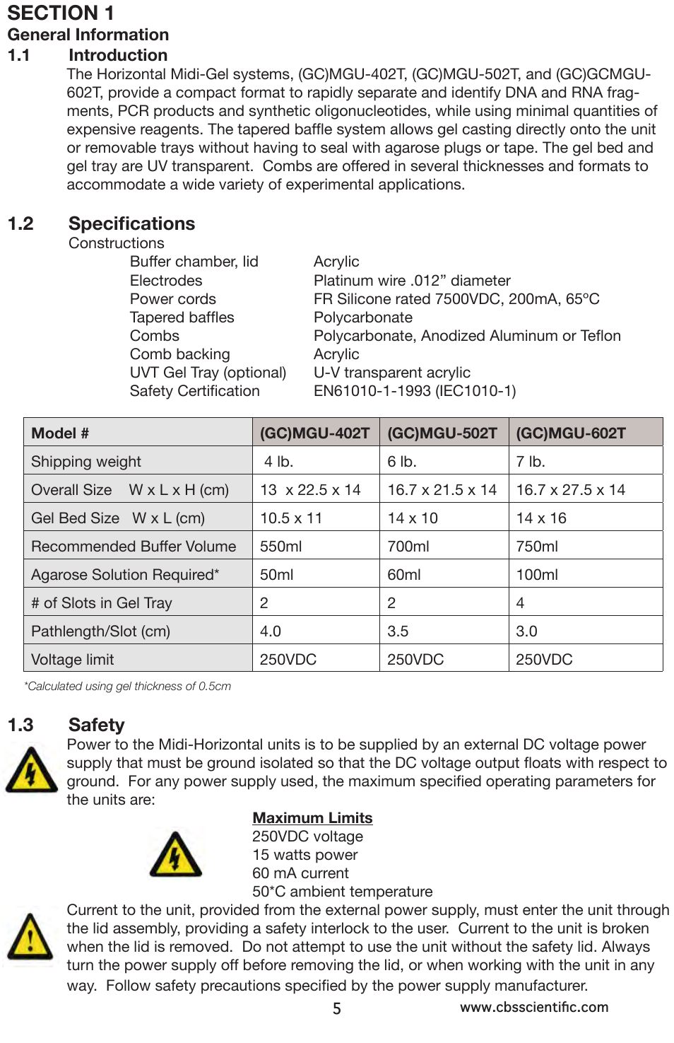 2 specifications, 3 safety | C.B.S. Scientific GCMGU-602T User Manual | Page 5 / 16