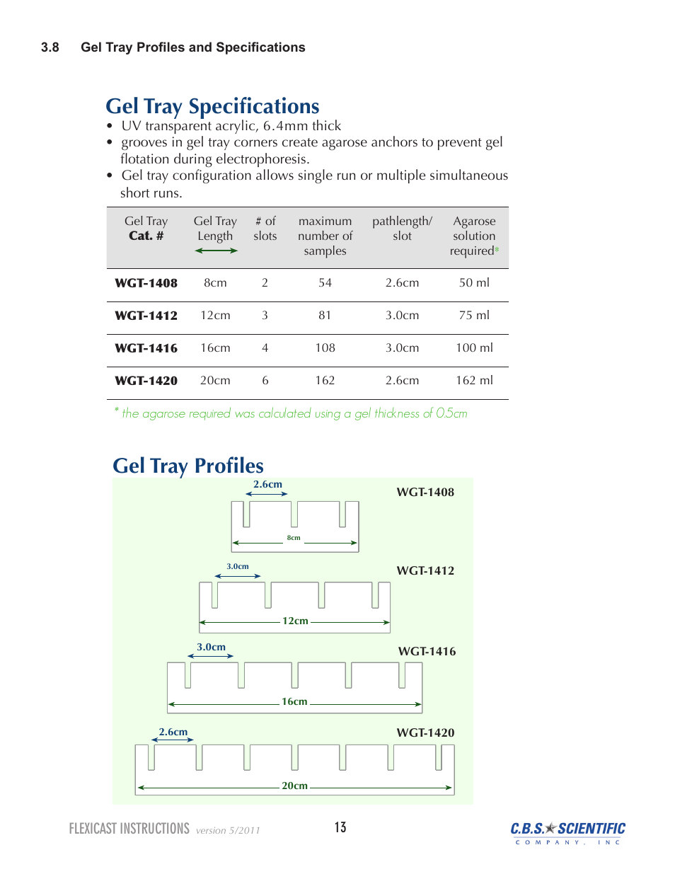 Gel tray specifications, Gel tray profiles | C.B.S. Scientific WSGE-014 User Manual | Page 13 / 20
