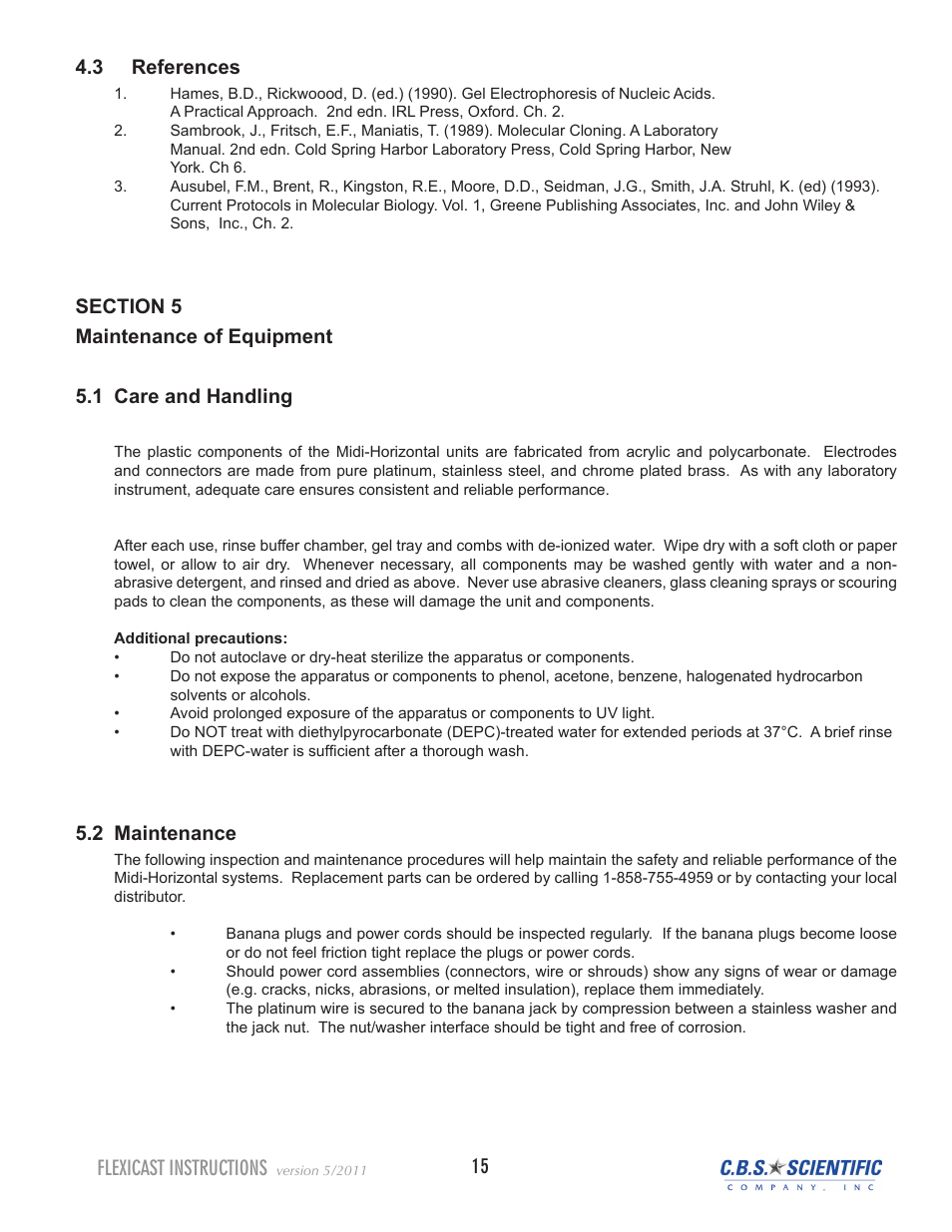 Flexicast instructions, 15 4 3 references, 5 2 maintenance | C.B.S. Scientific WSGE-014 User Manual | Page 15 / 20