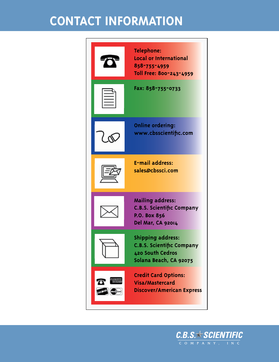 Contact information | C.B.S. Scientific SGU-2640T-02 User Manual | Page 16 / 16