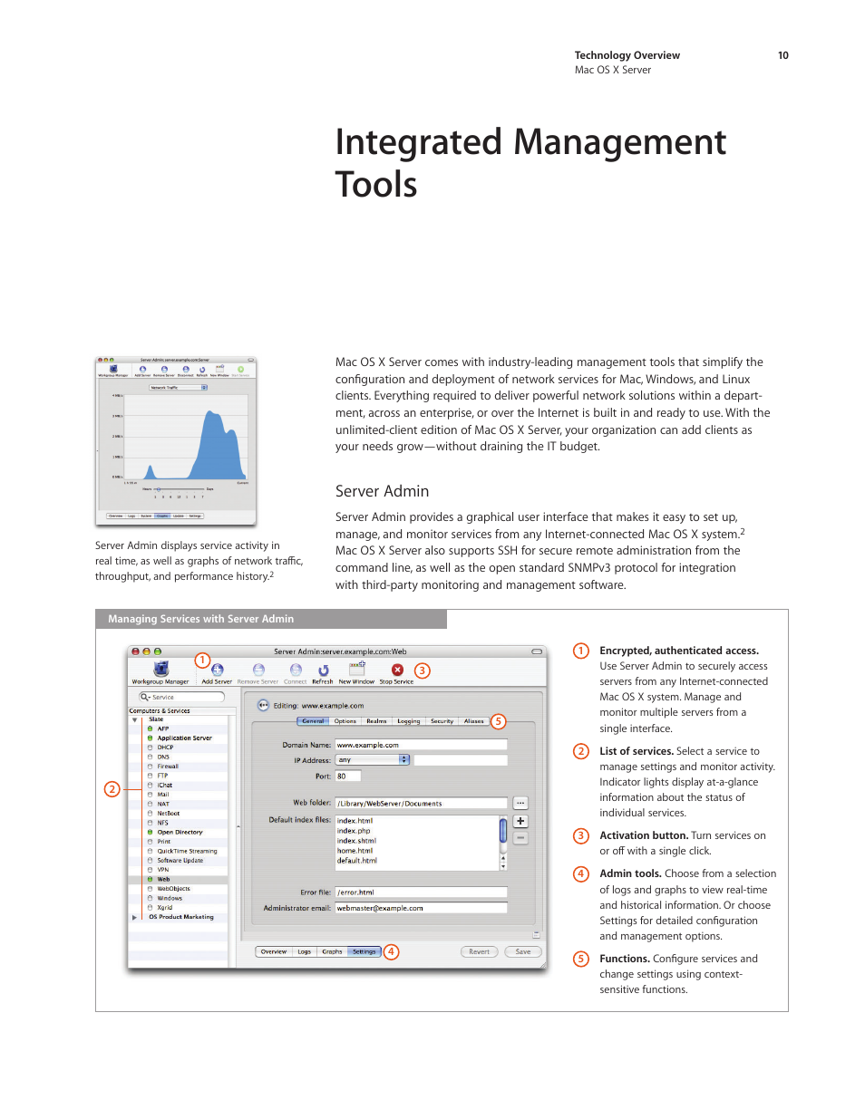 Integrated management tools, Server admin | Apple Mac OS X Server Ver 10.4 User Manual | Page 10 / 35