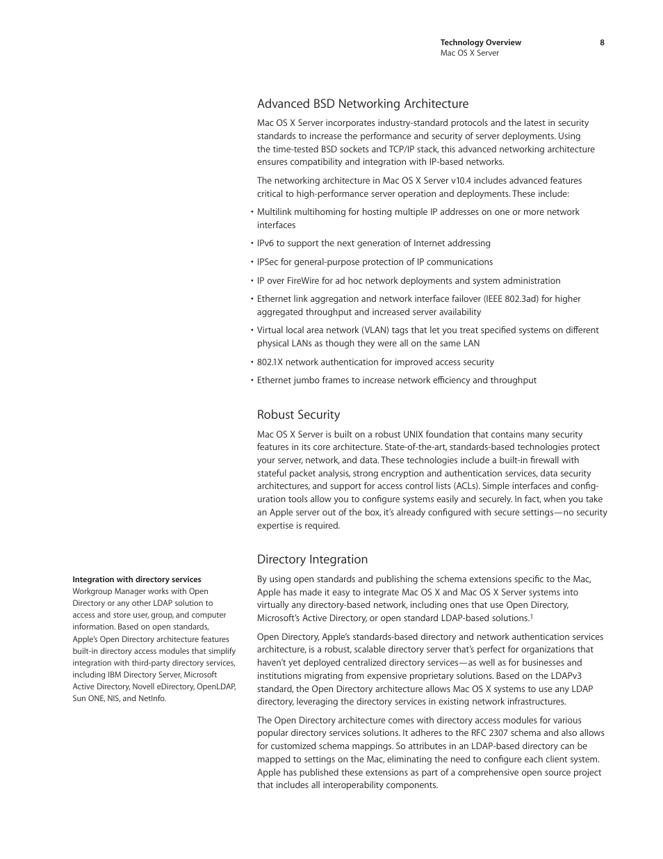 Advanced bsd networking architecture, Robust security, Directory integration | Apple Mac OS X Server Ver 10.4 User Manual | Page 8 / 35