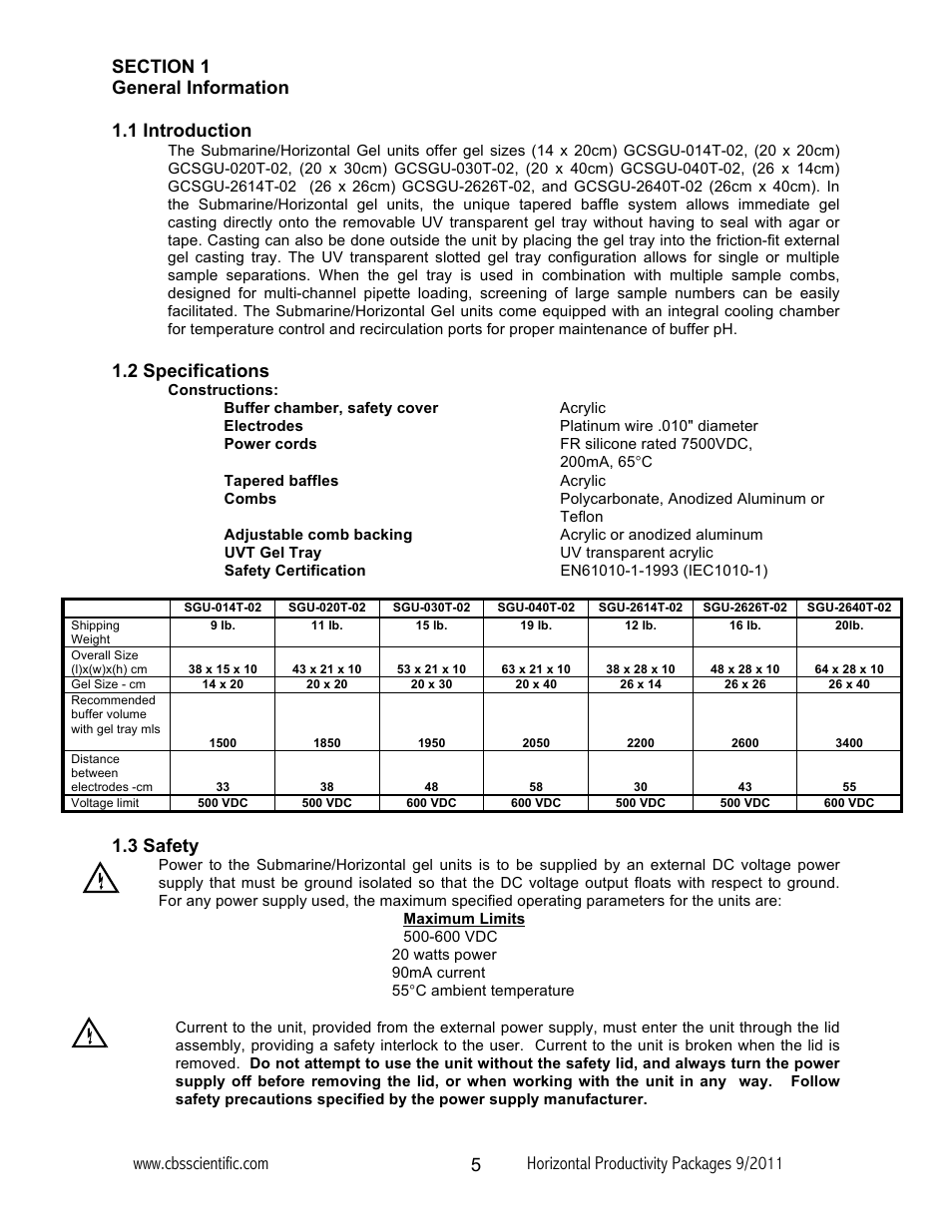 2 specifications, 3 safety | C.B.S. Scientific GCSGU-2640T-02 User Manual | Page 5 / 16