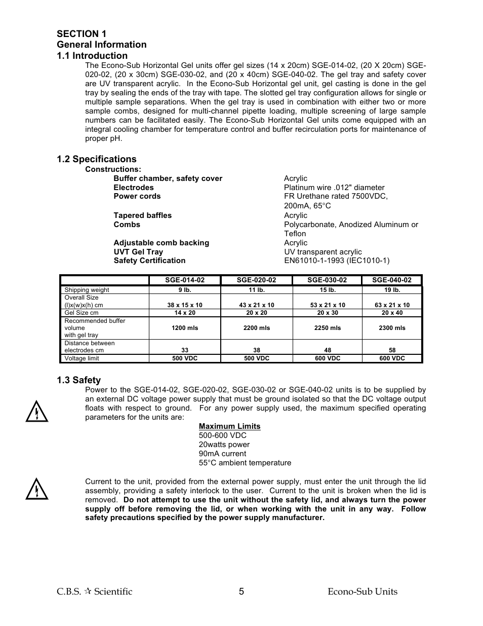 2 specifications, 3 safety | C.B.S. Scientific SGE-040-02 User Manual | Page 5 / 16