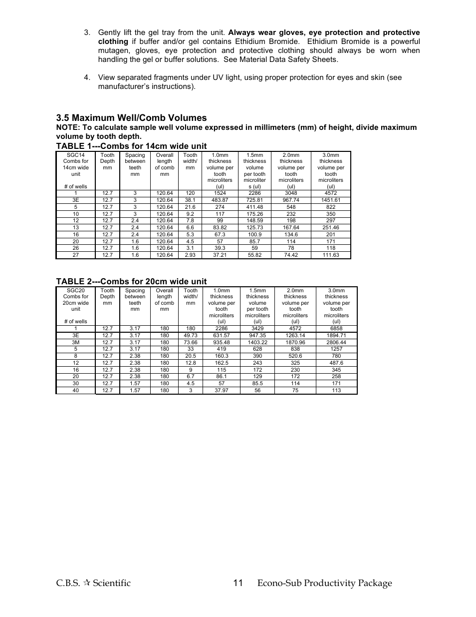 5 maximum well/comb volumes, Table 1---combs for 14cm wide unit, Table 2---combs for 20cm wide unit | C.B.S. Scientific GCSGE-040-02 User Manual | Page 11 / 16
