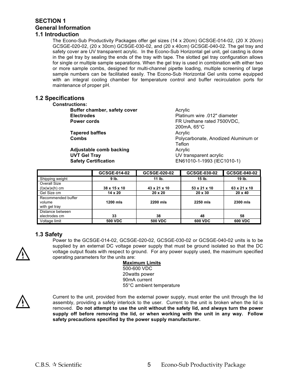 2 specifications, 3 safety | C.B.S. Scientific GCSGE-040-02 User Manual | Page 5 / 16