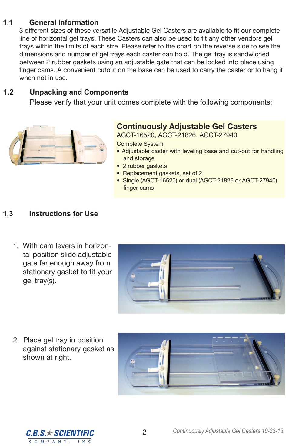 Continuously adjustable gel casters | C.B.S. Scientific ACGT-27940 User Manual | Page 2 / 4