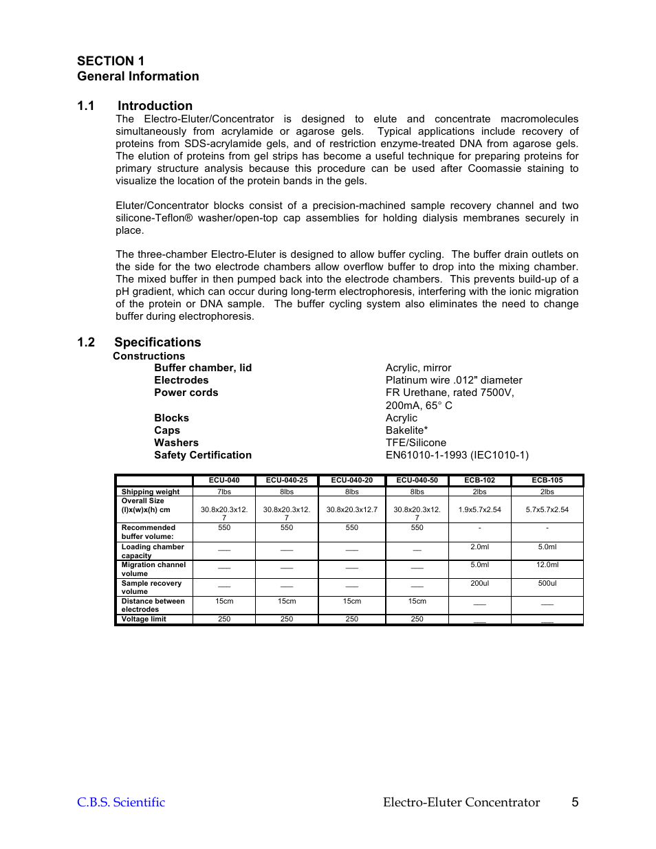 2 specifications | C.B.S. Scientific ECU-040 User Manual | Page 5 / 16