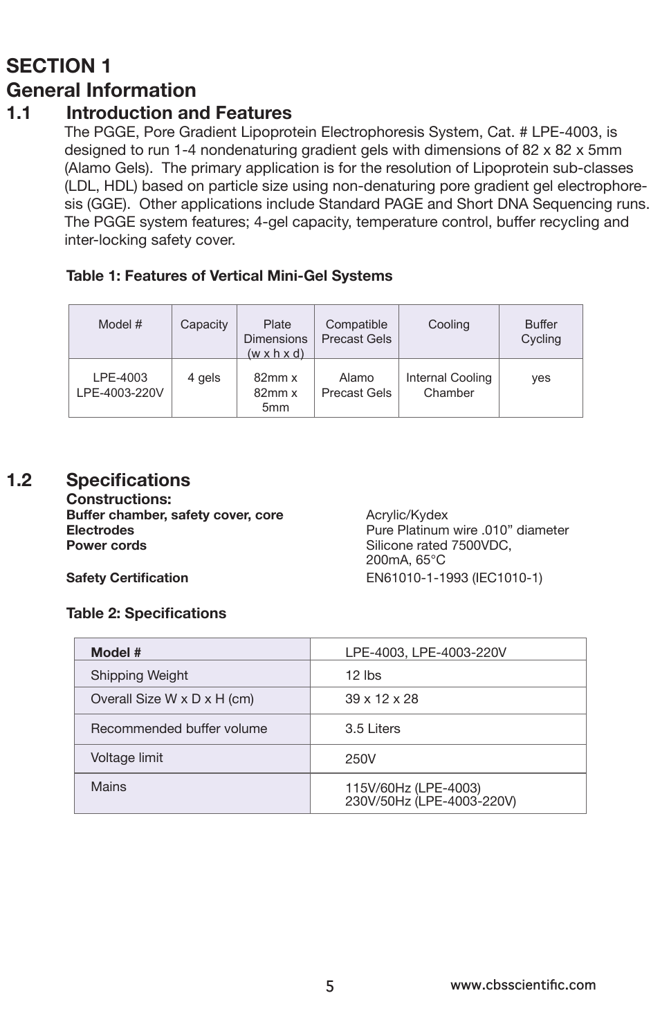 1 introduction and features, 2 specifications | C.B.S. Scientific LPE-4003-220V User Manual | Page 5 / 16