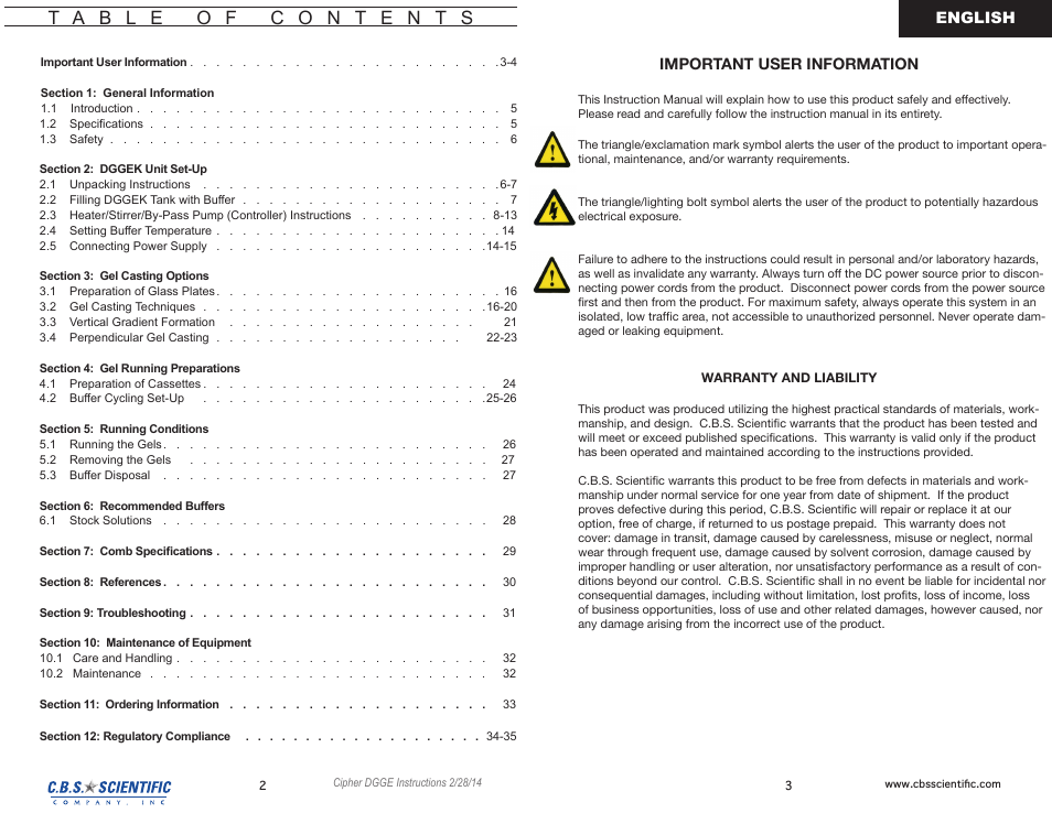 Important user information, English | C.B.S. Scientific DGGEK-4801 User Manual | Page 2 / 19