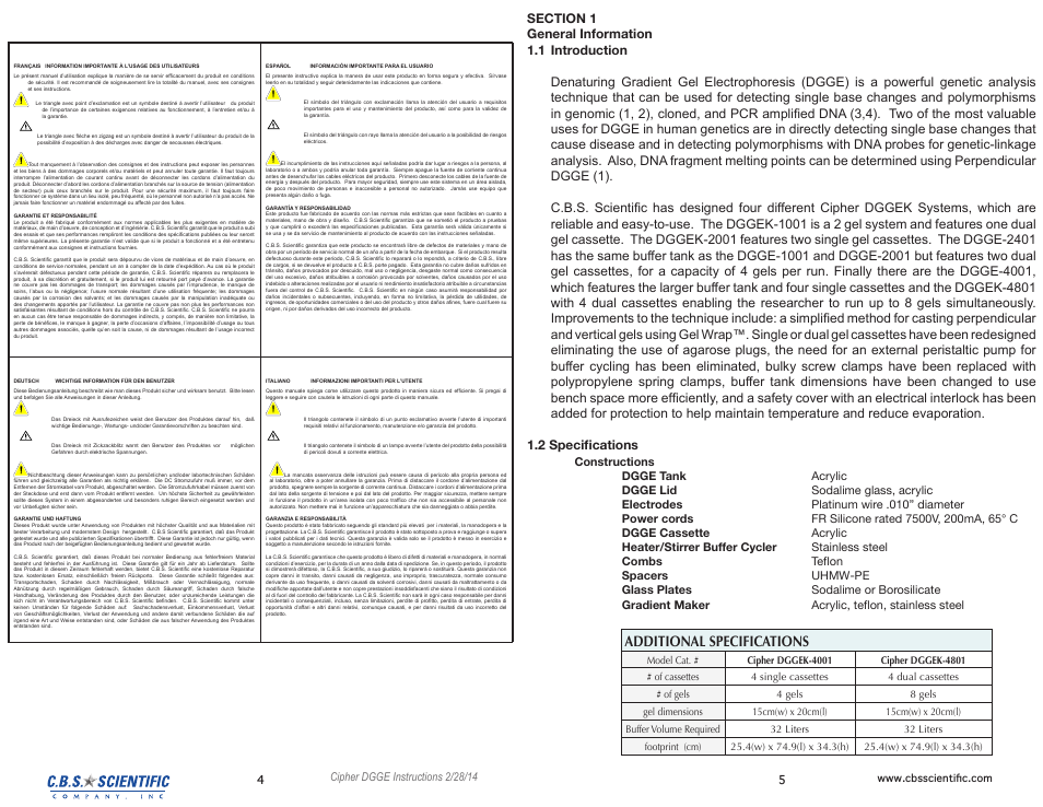 Additional specifications | C.B.S. Scientific DGGEK-4801 User Manual | Page 3 / 19