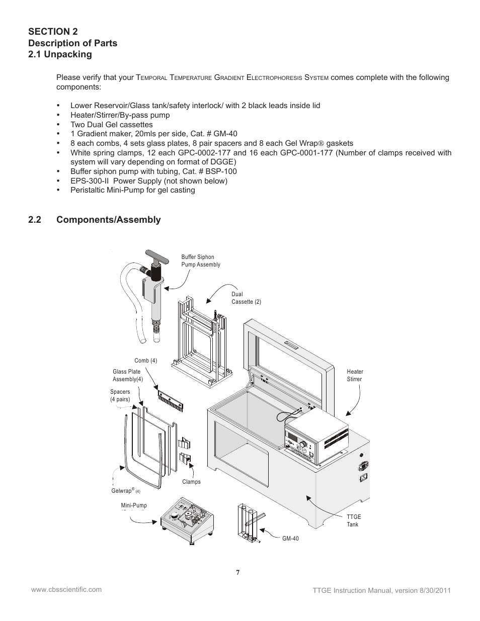 2 components/assembly | C.B.S. Scientific TTGEK-2401-220 User Manual | Page 7 / 60