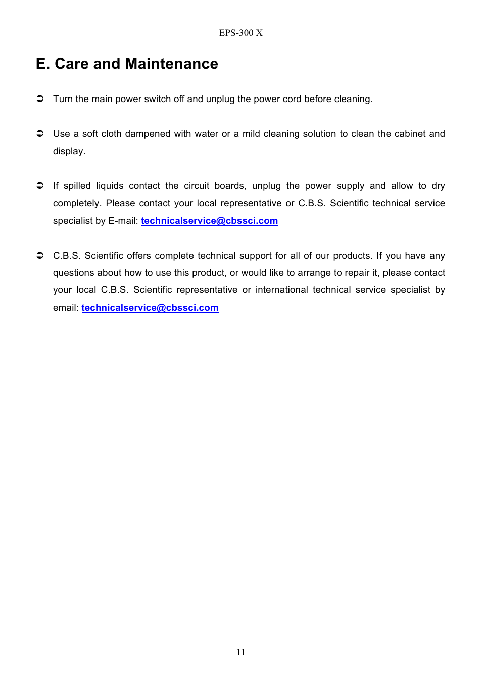 E. care and maintenance | C.B.S. Scientific EPS – 300 X User Manual | Page 13 / 15