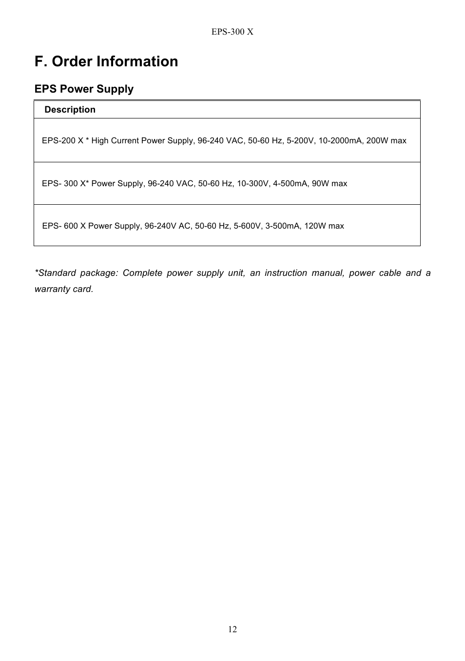 F. order information | C.B.S. Scientific EPS – 300 X User Manual | Page 14 / 15