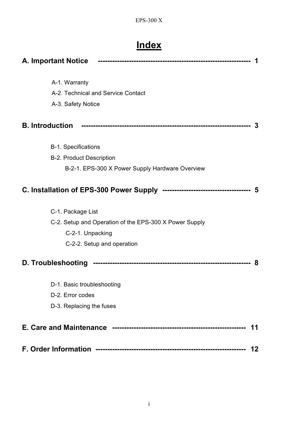 Index | C.B.S. Scientific EPS – 300 X User Manual | Page 2 / 15