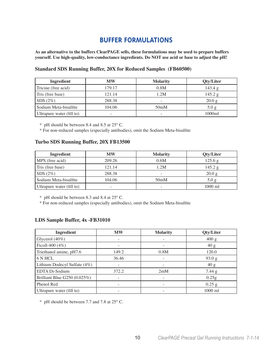 Buffer formulations | C.B.S. Scientific TTGE-2401 User Manual | Page 10 / 16