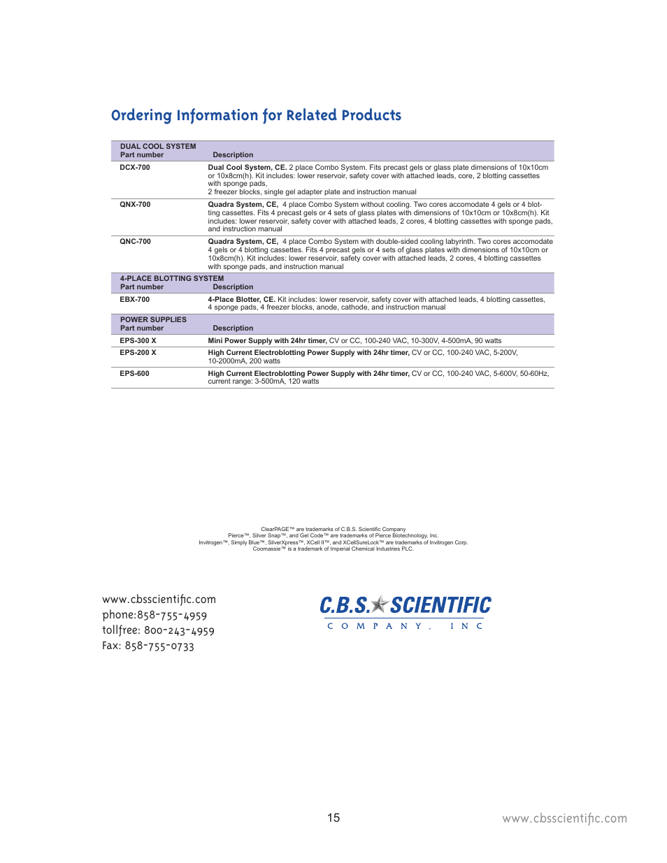 Ordering information for related products | C.B.S. Scientific TTGE-2401 User Manual | Page 15 / 16