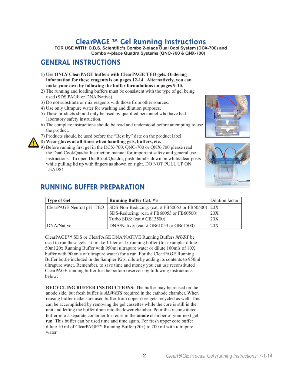 General instructions, Running buffer preparation, Clearpage ™ gel running instructions | C.B.S. Scientific TTGE-2401 User Manual | Page 2 / 16