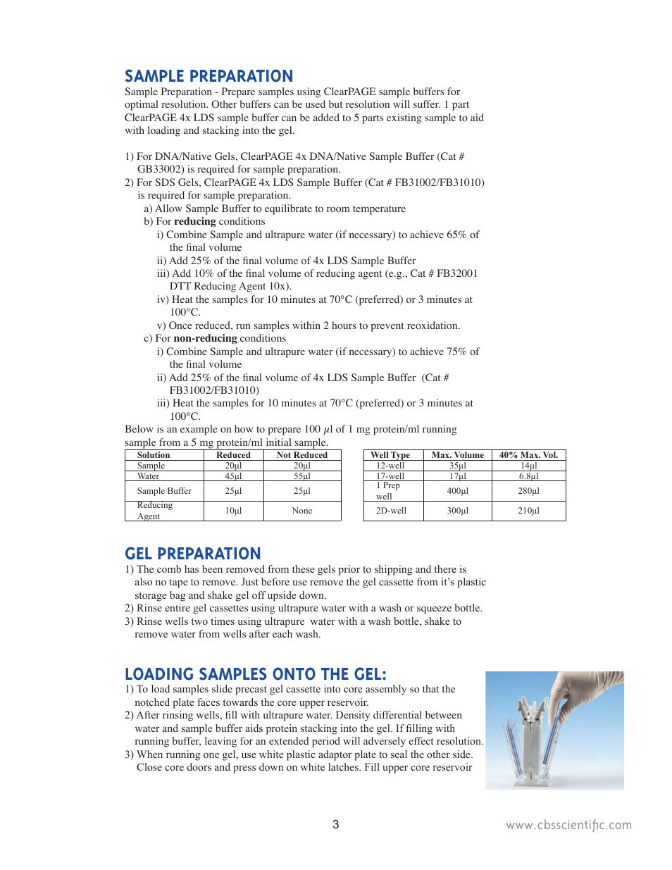 Sample preparation, Gel preparation, Loading samples onto the gel | C.B.S. Scientific TTGE-2401 User Manual | Page 3 / 16