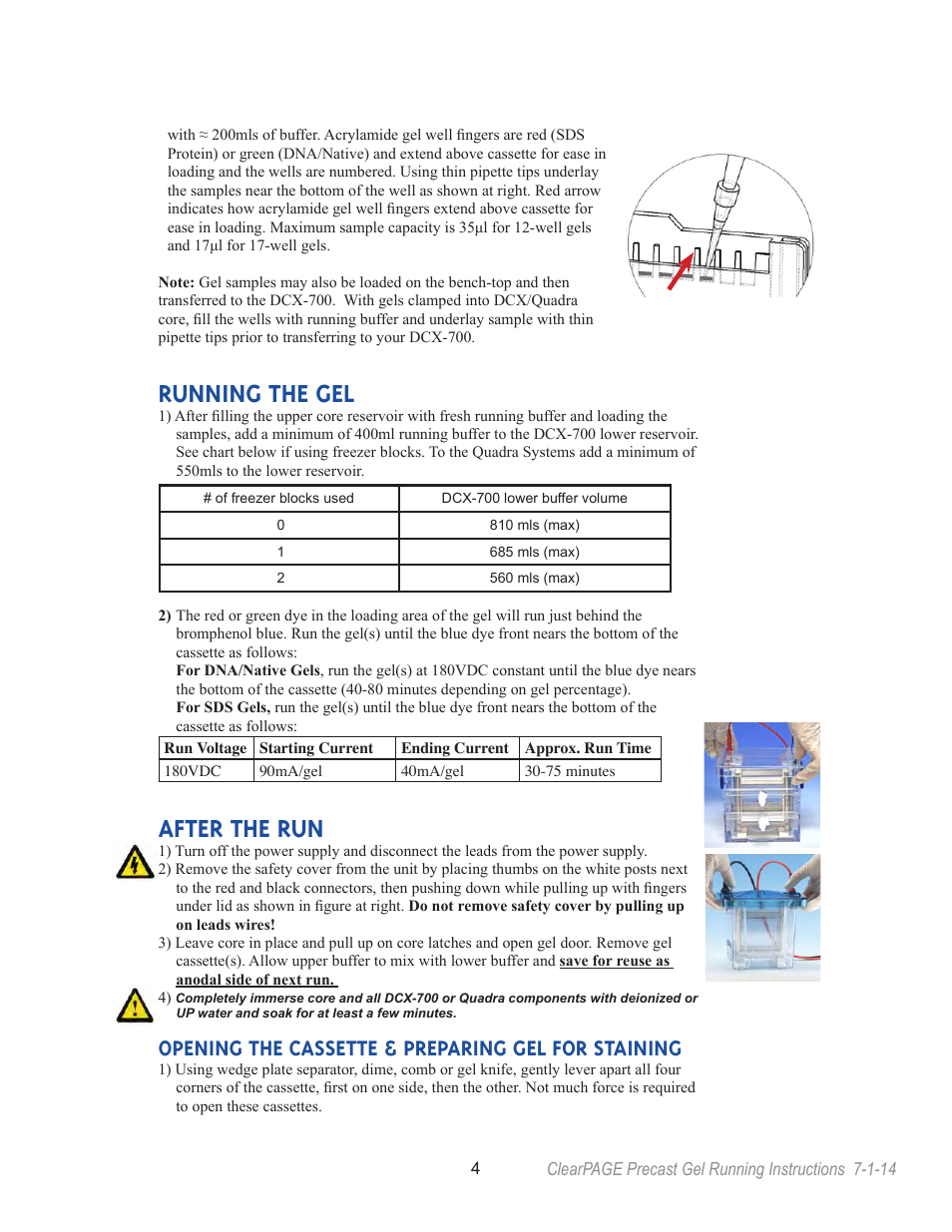 Running the gel, After the run, Opening the cassette & preparing gel for staining | C.B.S. Scientific TTGE-2401 User Manual | Page 4 / 16