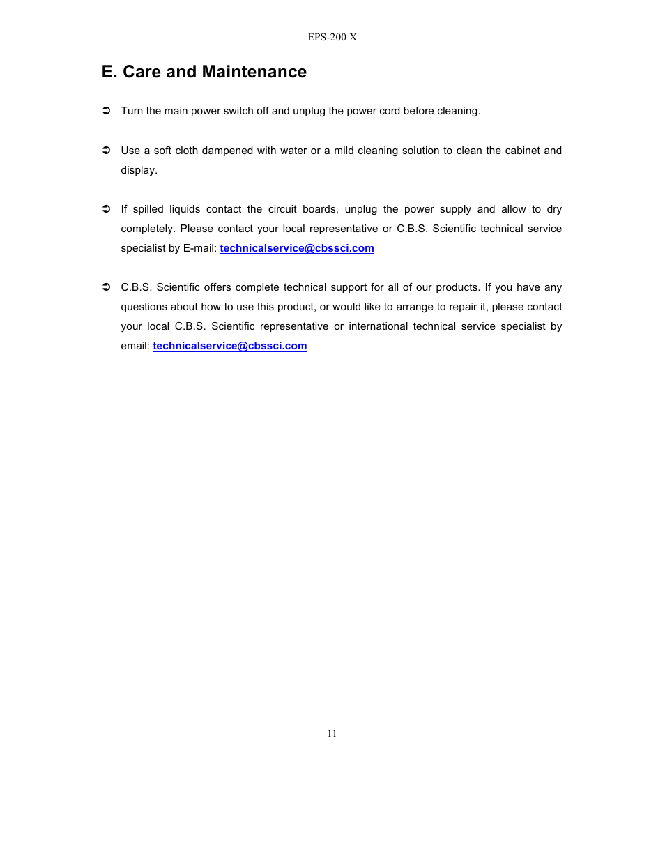 E. care and maintenance | C.B.S. Scientific EPS – 200 X User Manual | Page 13 / 15