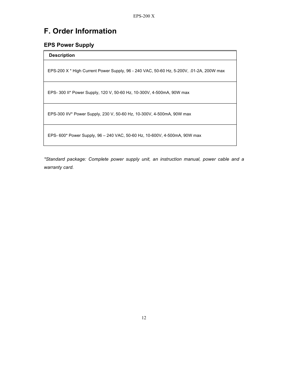 F. order information | C.B.S. Scientific EPS – 200 X User Manual | Page 14 / 15