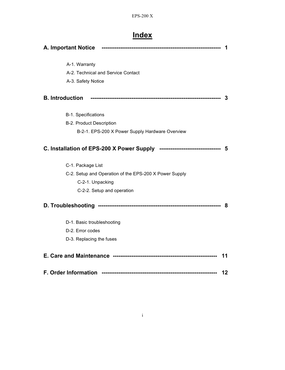 Index | C.B.S. Scientific EPS – 200 X User Manual | Page 2 / 15