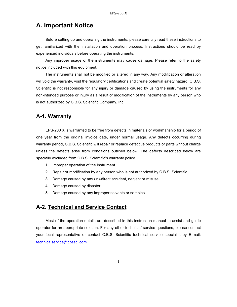 A. important notice, A-1. warranty, A-2. technical and service contact | C.B.S. Scientific EPS – 200 X User Manual | Page 3 / 15