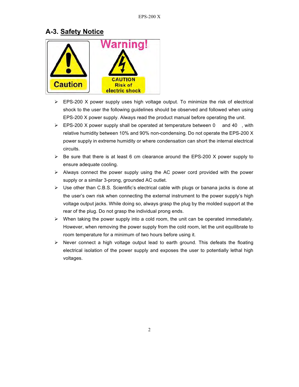 A-3. safety notice | C.B.S. Scientific EPS – 200 X User Manual | Page 4 / 15