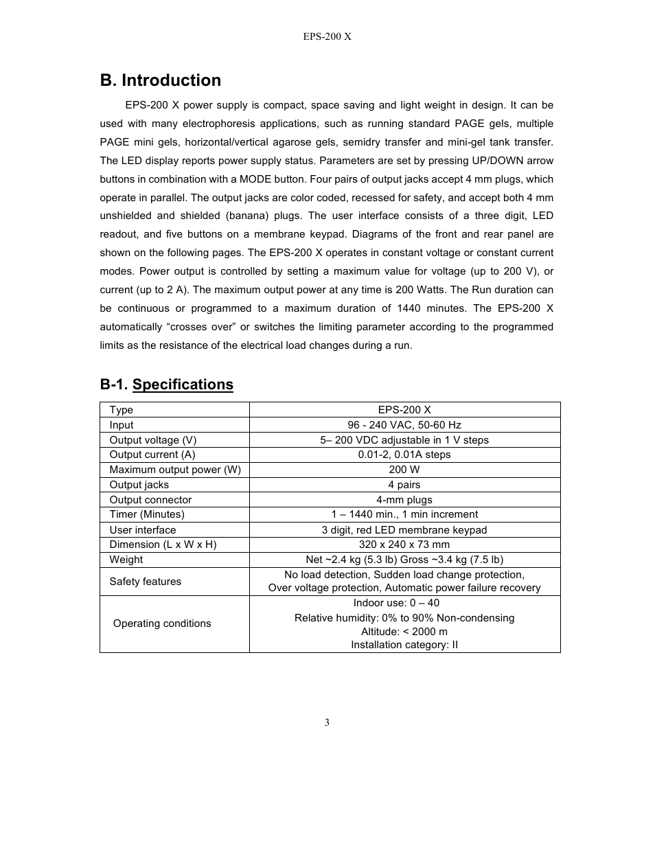 B. introduction, B-1. specifications | C.B.S. Scientific EPS – 200 X User Manual | Page 5 / 15