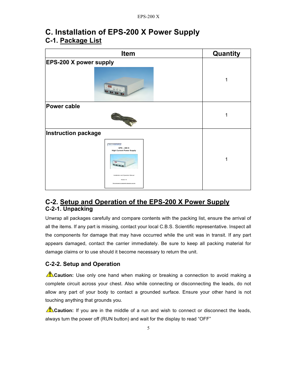 C. installation of eps-200 x power supply, C-1. package list, Item quantity | C.B.S. Scientific EPS – 200 X User Manual | Page 7 / 15