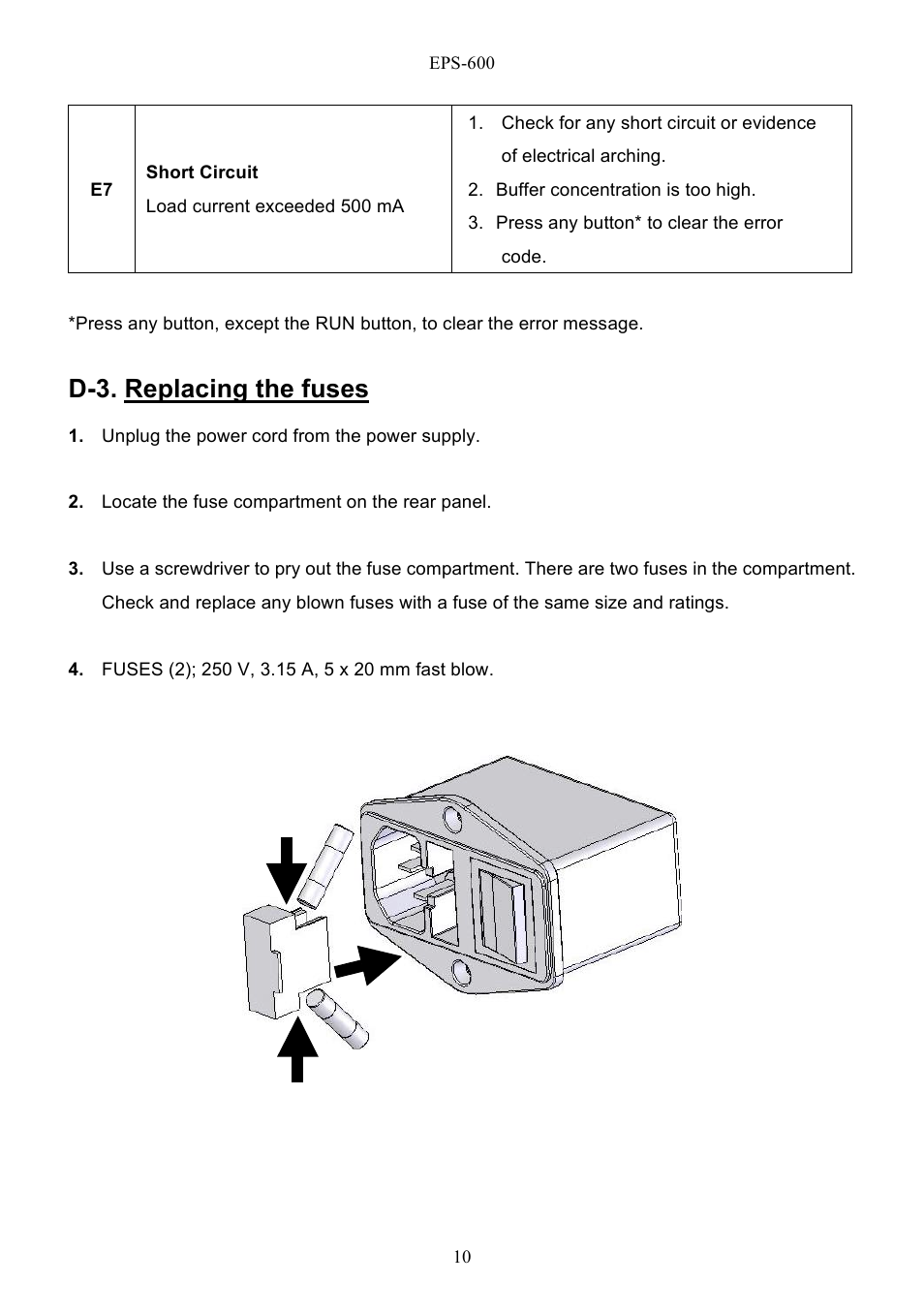 D-3. replacing the fuses | C.B.S. Scientific EPS - 600 User Manual | Page 12 / 15