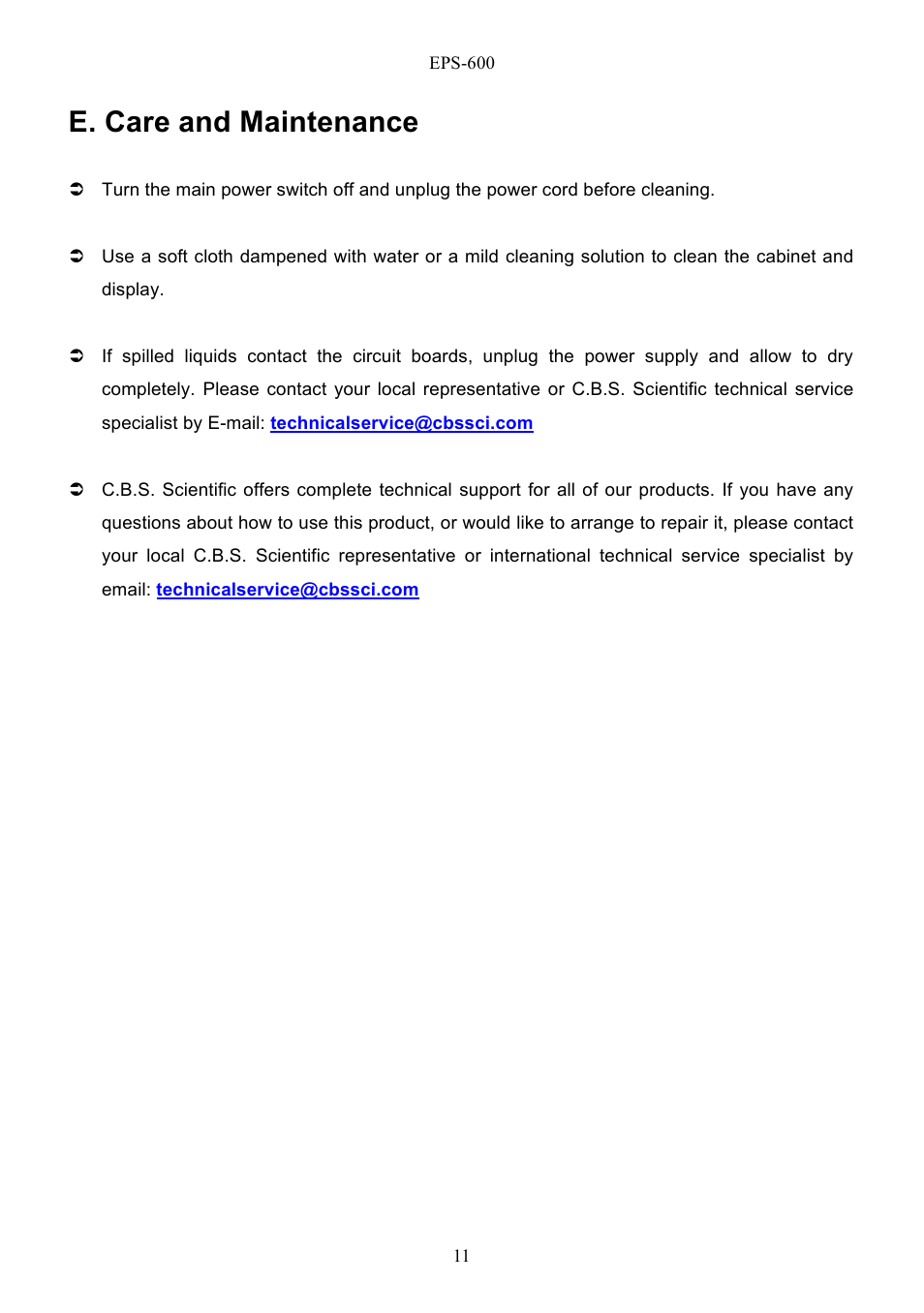 E. care and maintenance | C.B.S. Scientific EPS - 600 User Manual | Page 13 / 15