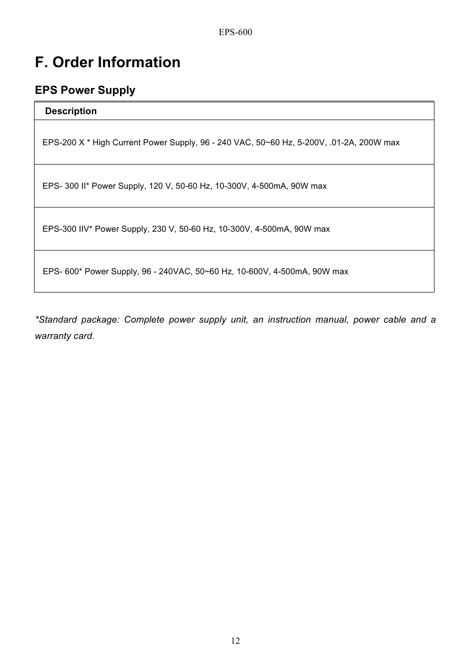 F. order information | C.B.S. Scientific EPS - 600 User Manual | Page 14 / 15