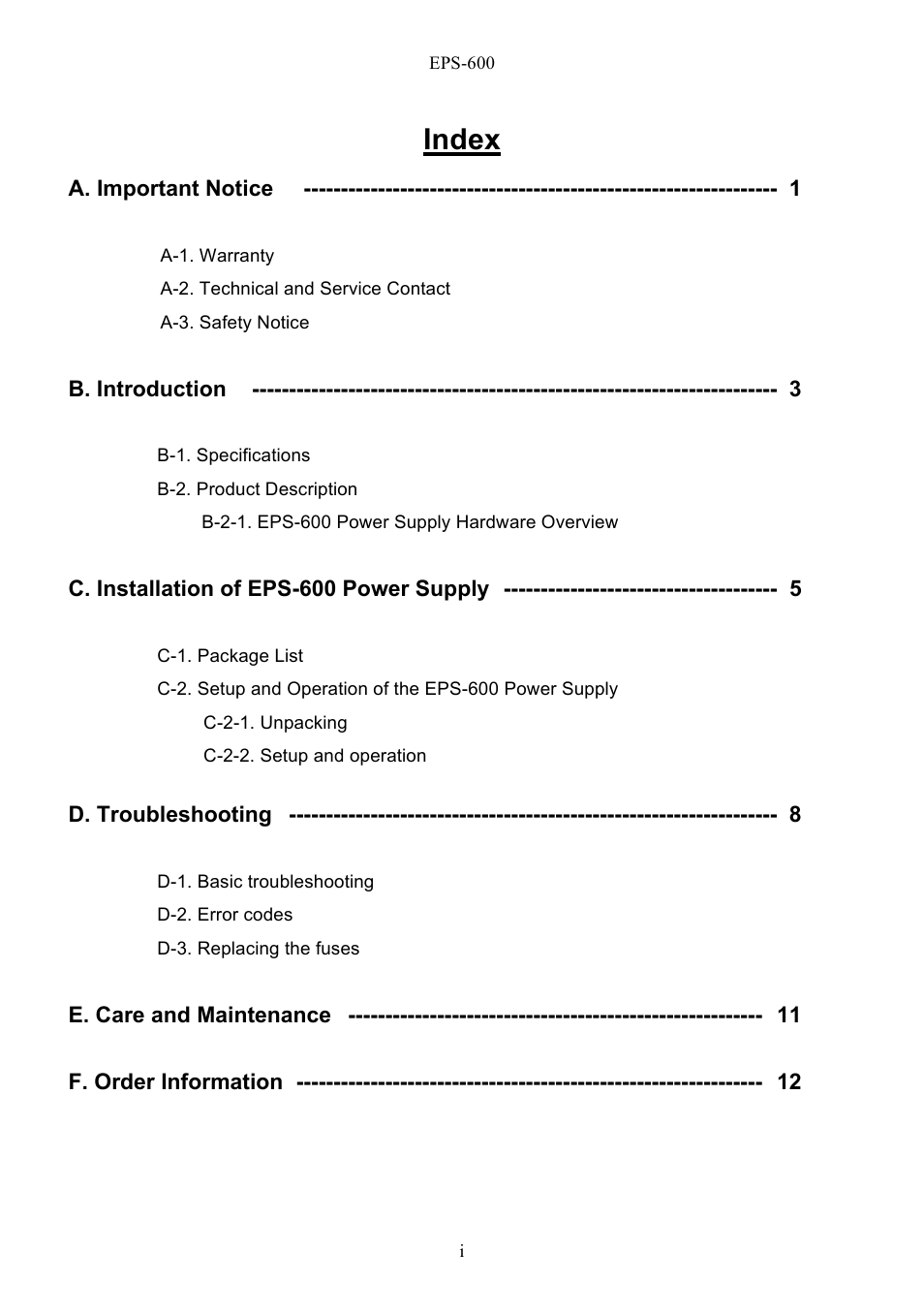 Index | C.B.S. Scientific EPS - 600 User Manual | Page 2 / 15