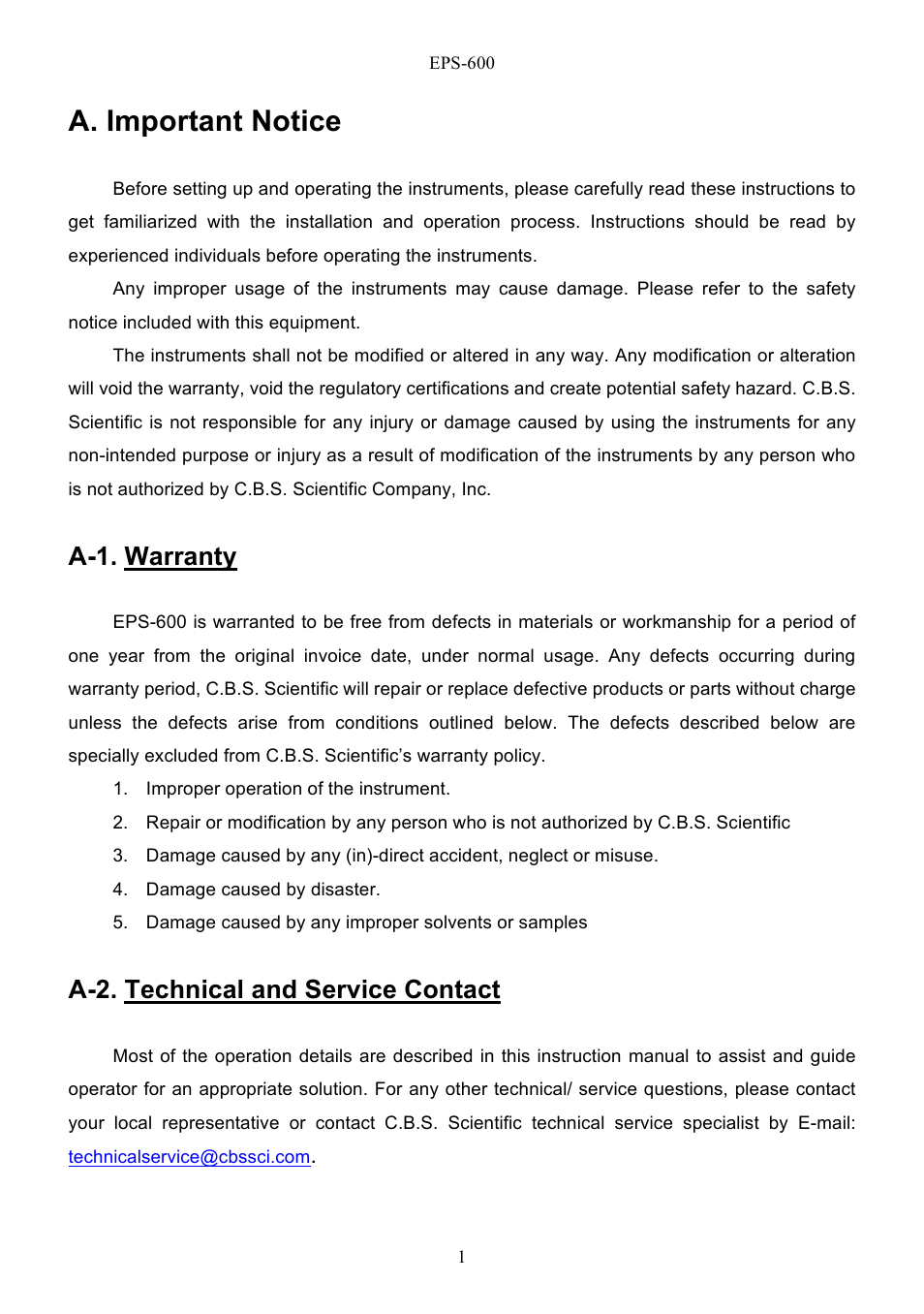 A. important notice, A-1. warranty, A-2. technical and service contact | C.B.S. Scientific EPS - 600 User Manual | Page 3 / 15