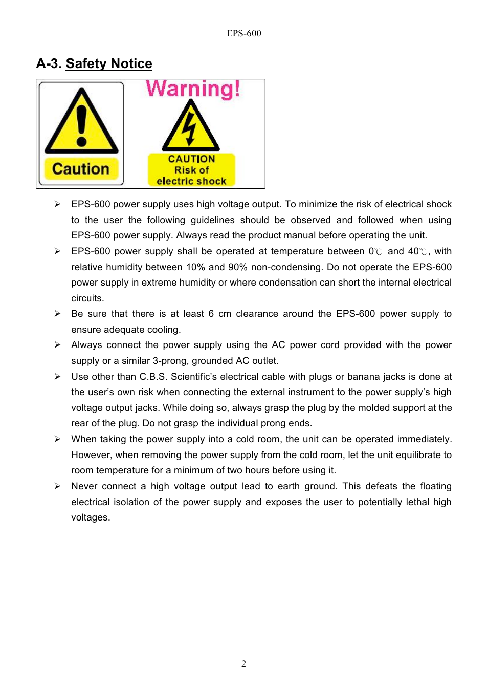 A-3. safety notice | C.B.S. Scientific EPS - 600 User Manual | Page 4 / 15