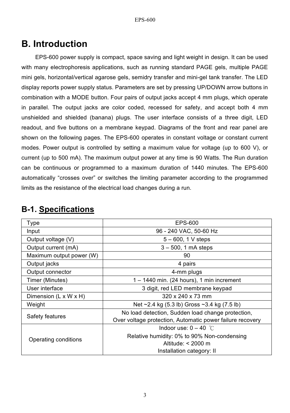 B. introduction, B-1. specifications | C.B.S. Scientific EPS - 600 User Manual | Page 5 / 15