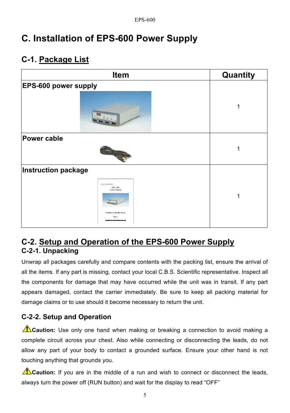 C. installation of eps-600 power supply, C-1. package list, Item quantity | C.B.S. Scientific EPS - 600 User Manual | Page 7 / 15