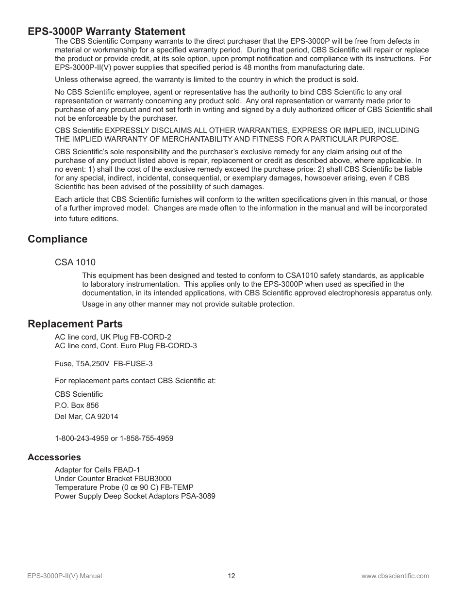 Eps-3000p warranty statement, Compliance, Replacement parts | C.B.S. Scientific EPS-3000P-IIV User Manual | Page 12 / 14