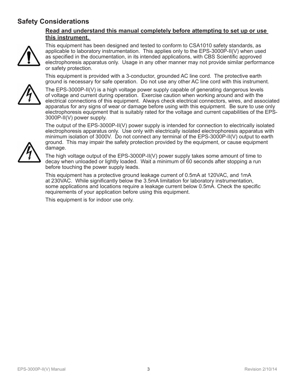 Safety considerations | C.B.S. Scientific EPS-3000P-IIV User Manual | Page 3 / 14