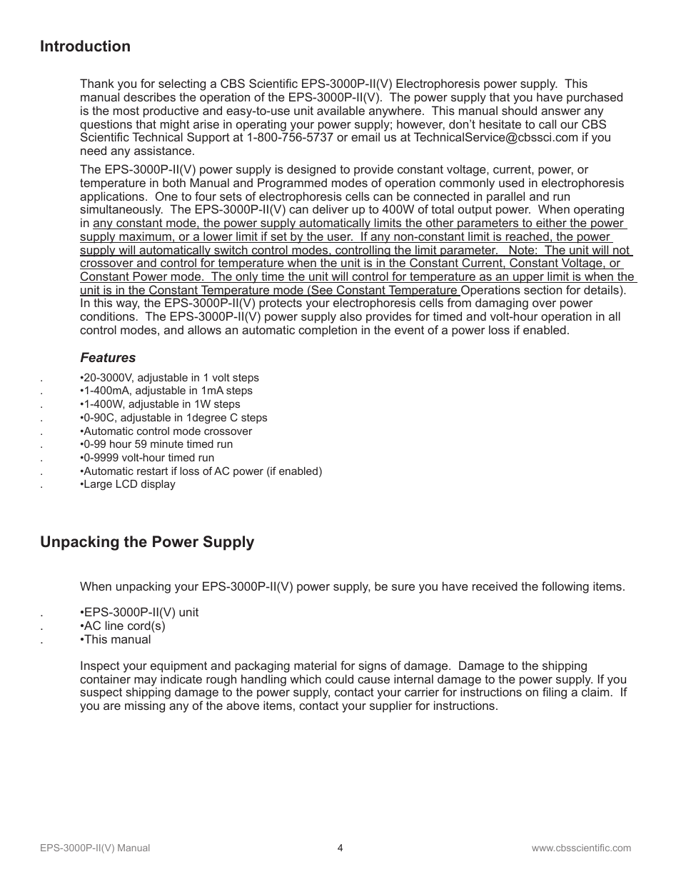 Introduction, Unpacking the power supply | C.B.S. Scientific EPS-3000P-IIV User Manual | Page 4 / 14