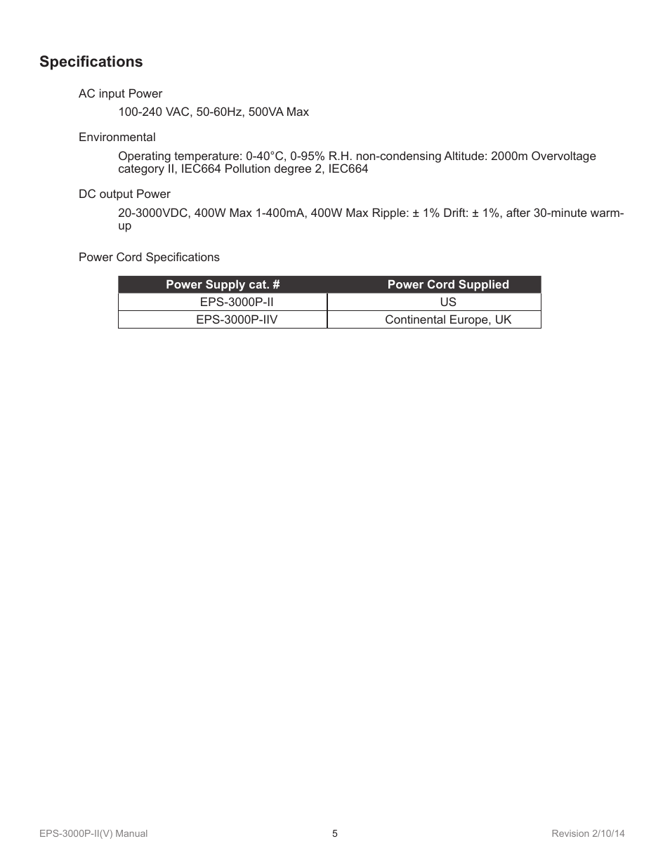 Specifications | C.B.S. Scientific EPS-3000P-IIV User Manual | Page 5 / 14